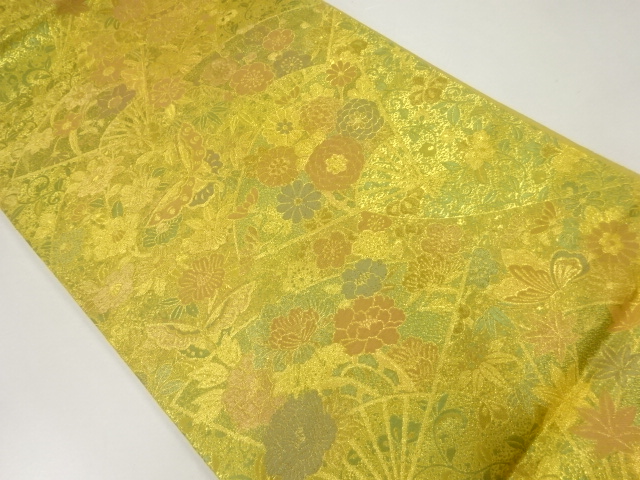 扇に蝶・草花模様織出し袋帯